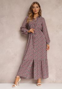 Renee - Czarno-Czerwona Sukienka Phinene. Kolor: czarny. Materiał: zamsz. Długość rękawa: długi rękaw. Wzór: aplikacja, kwiaty, nadruk. Typ sukienki: koszulowe. Styl: boho. Długość: maxi