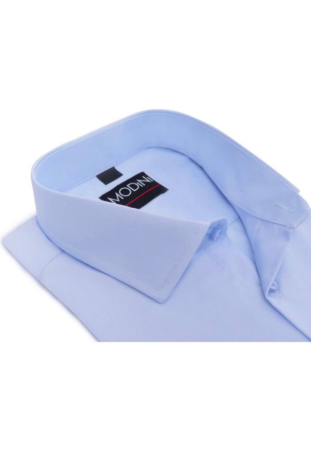 Modini - Błękitna/niebieska gładka koszula męska Y72. Kolor: niebieski. Materiał: poliester, bawełna, tkanina. Wzór: gładki. Styl: klasyczny