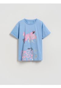 Reserved - T-shirt z nadrukiem - niebieski. Kolor: niebieski. Materiał: bawełna. Wzór: nadruk #1