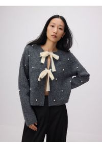 Reserved - Sweter z ozdobnym wiązaniem - ciemnoszary. Kolor: szary. Materiał: dzianina. Wzór: gładki #1