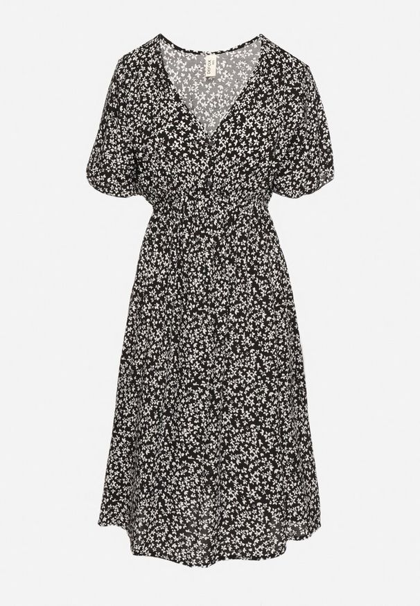 Born2be - Czarna Sukienka z Bawełny Rozkloszowana w Kwiaty Esirive. Typ kołnierza: dekolt w kształcie V. Kolor: czarny. Materiał: bawełna. Długość rękawa: krótki rękaw. Wzór: kwiaty