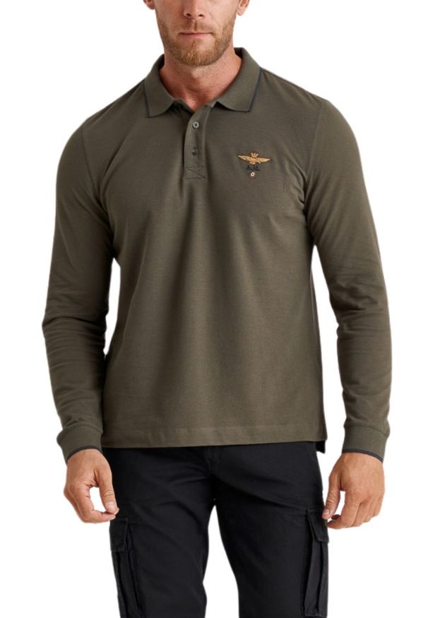 Aeronautica Militare - AERONAUTICA MILITARE Zielony męski longsleeve polo Piqué. Typ kołnierza: polo. Kolor: zielony. Długość rękawa: długi rękaw