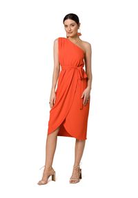Makover - Koktajlowa sukienka asymetryczna na jedno ramię koralowa. Okazja: na wesele, na imprezę, na ślub cywilny. Kolor: pomarańczowy. Sezon: lato. Typ sukienki: asymetryczne. Styl: wizytowy #3