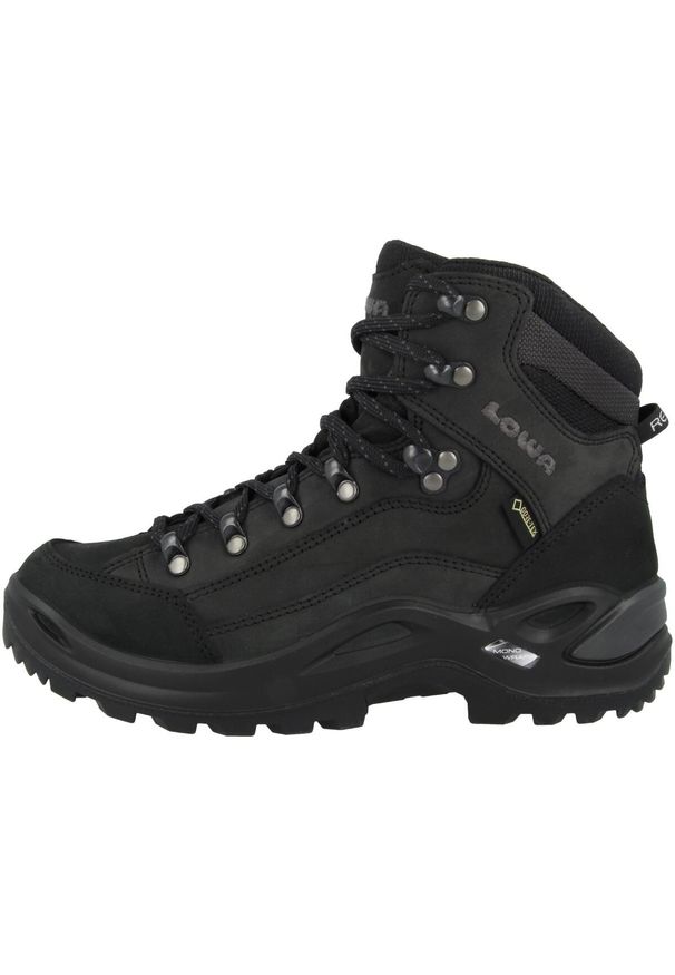 Buty trekkingowe damskie Lowa Renegade Gtx Mid. Wysokość cholewki: za kostkę. Zapięcie: sznurówki. Kolor: czarny, wielokolorowy. Materiał: tkanina, materiał, syntetyk, skóra. Szerokość cholewki: normalna