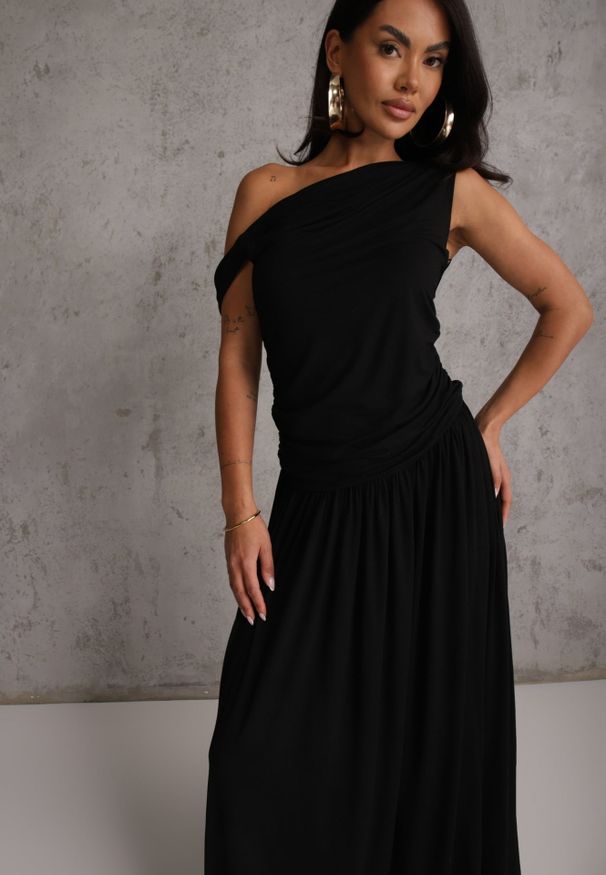 Renee - Czarna Koktajlowa Asymetryczna Sukienka Taliowana z Wiskozy na Jedno Ramię Pasacia. Okazja: na imprezę. Kolor: czarny. Materiał: wiskoza. Typ sukienki: asymetryczne. Styl: wizytowy