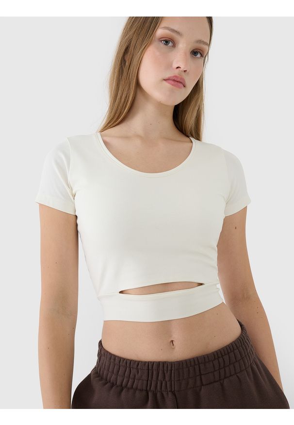 4f - 4F T-shirt crop top gładki damski - biały XL. Okazja: na co dzień. Kolor: biały. Materiał: dzianina, bawełna, jersey, materiał, elastan. Długość rękawa: krótki rękaw. Długość: krótkie. Wzór: gładki. Styl: sportowy, casual