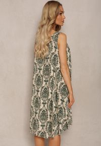 Renee - Beżowo-Zielona Casualowa Sukienka z Bawełny o Rozkloszowanym Kroju Mellilla. Okazja: na co dzień. Kolor: zielony. Materiał: bawełna. Sezon: lato. Styl: casual #5