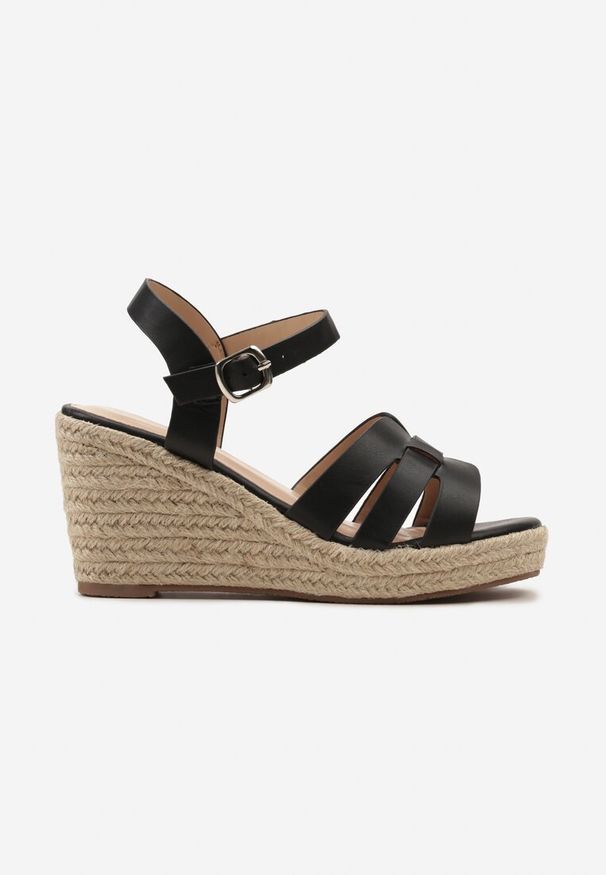 Born2be - Czarne Sandały na Wysokim Koturnie Ozdobionym Plecionką z Juty Calmaria. Kolor: czarny. Wzór: aplikacja. Sezon: lato. Obcas: na koturnie
