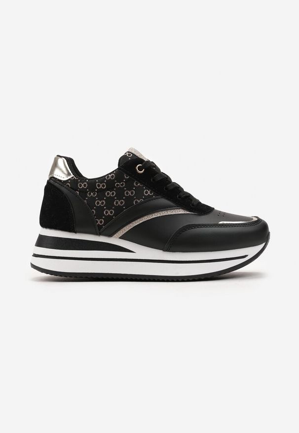 Renee - Czarne Sneakersy na Platformie z Metaliczną Wstawką Kariel. Okazja: na co dzień. Kolor: czarny. Obcas: na platformie
