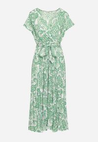 Born2be - Zielona Sukienka z Kopertowym Dekoltem z Gumką w Talii i Materiałowym Paskiem Xelovia. Okazja: na co dzień. Kolor: zielony. Materiał: materiał. Typ sukienki: kopertowe. Styl: casual, elegancki #6