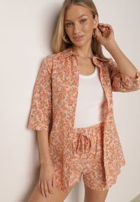 Born2be - Pomarańczowy Bawełniany Komplet w Kwiaty Koszula i Szorty Aelryn. Kolor: pomarańczowy. Materiał: bawełna. Wzór: kwiaty #1