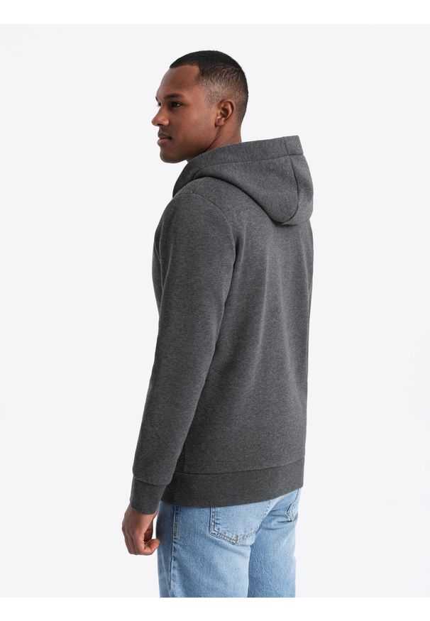 Ombre Clothing - Męska bluza dresowa z kapturem zapinana na guziki – grafitowy melanż V4 OM-SSZP-0186 - XXL. Typ kołnierza: kaptur. Kolor: szary. Materiał: dresówka. Wzór: melanż. Styl: elegancki