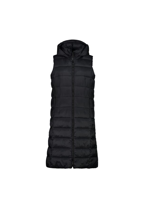 Długa bezrękawnik damski z kapturem CMP. Typ kołnierza: kaptur. Kolor: czarny. Materiał: puch. Długość rękawa: bez rękawów. Długość: długie. Sezon: zima. Sport: narciarstwo