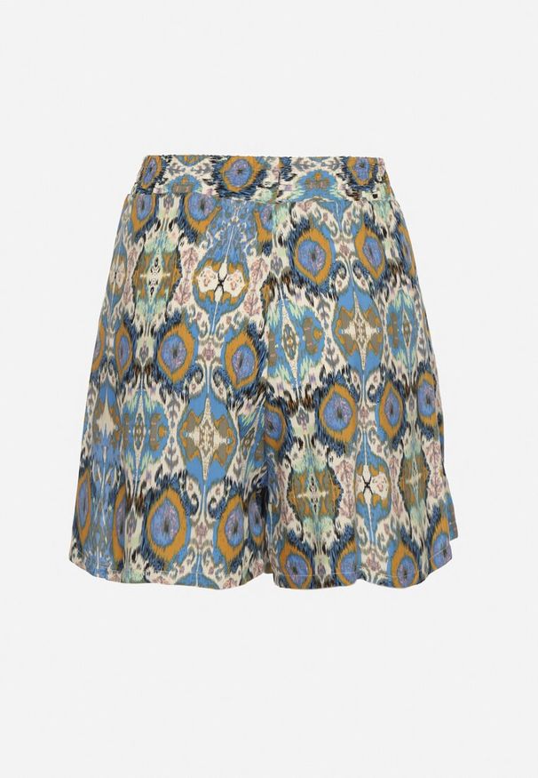 Born2be - Niebieskie Bawełniane Szorty Luźne w Abstrakcyjny Print z Kieszeniami Jenalirea. Okazja: na co dzień. Stan: podwyższony. Kolor: niebieski. Materiał: bawełna. Wzór: nadruk. Styl: casual, elegancki