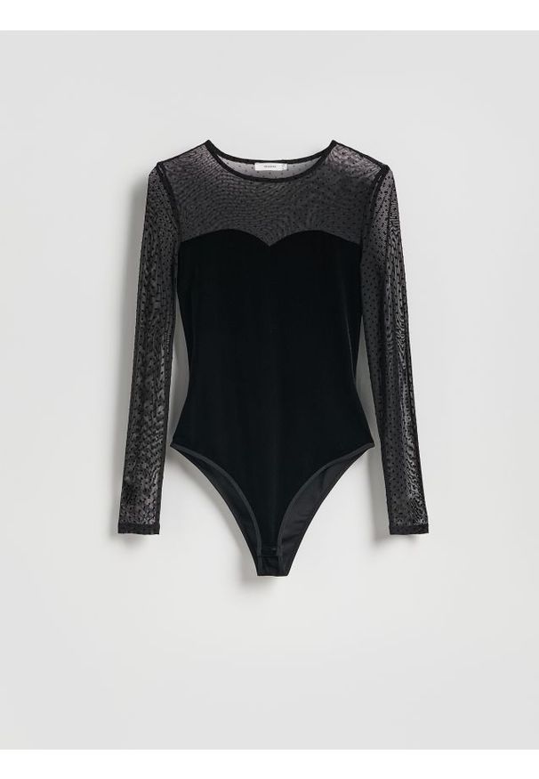 Reserved - Body z siateczkowymi wstawkami - czarny. Kolor: czarny. Materiał: dzianina