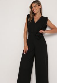 Born2be - Czarny Wiązany Kombinezon z Prostymi Nogawkami i Wiskozą oraz Kwiatową Aplikacją Dimenna. Kolor: czarny. Materiał: wiskoza. Wzór: aplikacja, kwiaty. Styl: elegancki #4