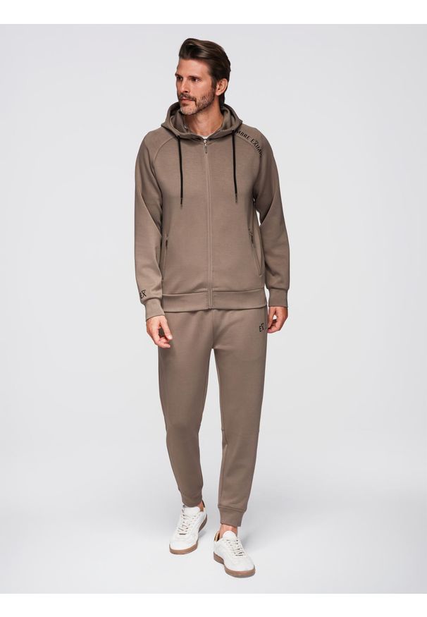 Ombre Clothing - Dresowy komplet męski set bluza rozpinana z kapturem + spodnie dresowe joggery - szarobrązowy V3. Okazja: na co dzień, do pracy. Typ kołnierza: kaptur. Kolor: szary. Materiał: dresówka. Długość rękawa: długi rękaw. Długość: długie. Wzór: gładki, nadruk. Styl: casual, sportowy