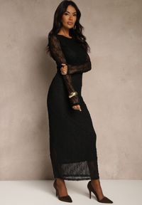 Renee - Czarna Koronkowa Sukienka Typu Longsleeve o Dopasowanym Kroju Zenoresa. Kolor: czarny. Materiał: koronka. Długość rękawa: długi rękaw. Typ sukienki: oversize. Styl: elegancki