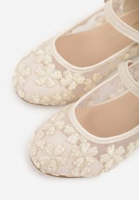 Born2be - Beżowe Siateczkowe Balerinki z Paskiem z Klamerką i Haftowanymi Kwiatami Erolea. Okazja: na co dzień, na uczelnię. Zapięcie: pasek. Kolor: beżowy. Materiał: jeans. Wzór: haft, kwiaty. Styl: casual #3