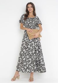 Born2be - Czarna Rozkloszowana Sukienka Maxi w Kwiaty Casceia. Kolor: czarny. Wzór: kwiaty. Długość: maxi #2