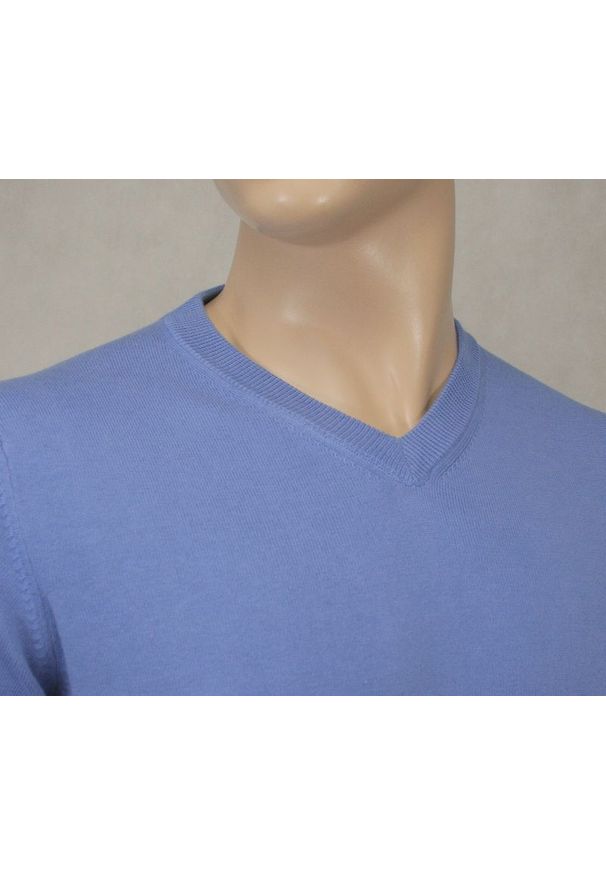 Sweter Błękitny w Serek (V-neck), Męski, Klasyczny, Elegancki -Adriano Guinari. Okazja: na co dzień, do pracy, na spotkanie biznesowe. Typ kołnierza: dekolt w serek. Kolor: niebieski. Materiał: bawełna. Styl: klasyczny, elegancki