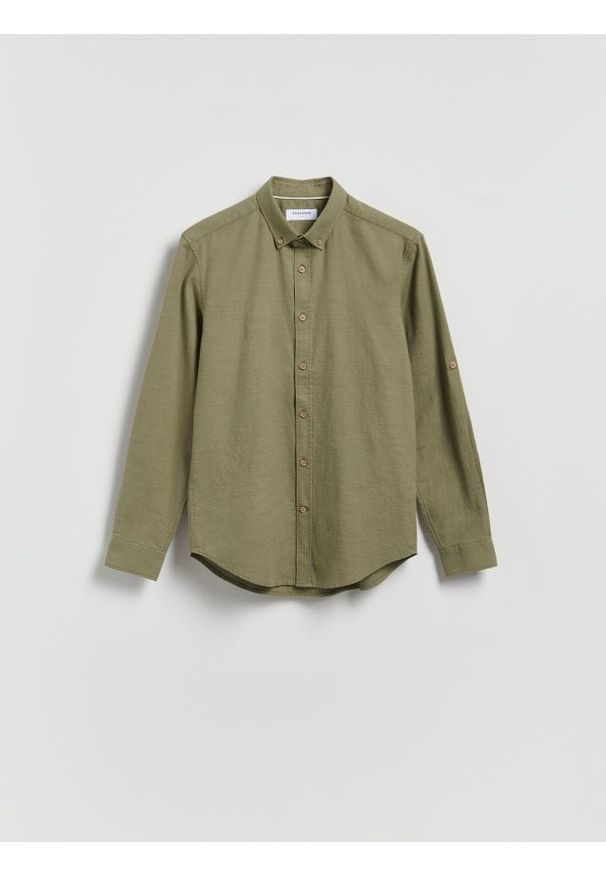 Reserved - Strukturalna koszula regular fit - oliwkowy. Kolor: oliwkowy. Materiał: tkanina, bawełna