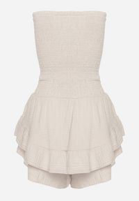 Born2be - Beżowy Kombinezon z Bawełny z Elastyczną Gumką w Talii i Falbanką Olialia. Okazja: na spacer. Kolor: beżowy. Materiał: bawełna. Sezon: lato #5