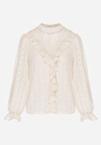 Born2be - Beżowa Bluzka Zdobiona Koronką Falbankami i Metaliczną Nicią Feralea. Okazja: na co dzień, do pracy, na spotkanie biznesowe. Typ kołnierza: kołnierz z falbankami. Kolor: beżowy. Materiał: koronka. Wzór: koronka, aplikacja. Styl: biznesowy, casual, elegancki #7