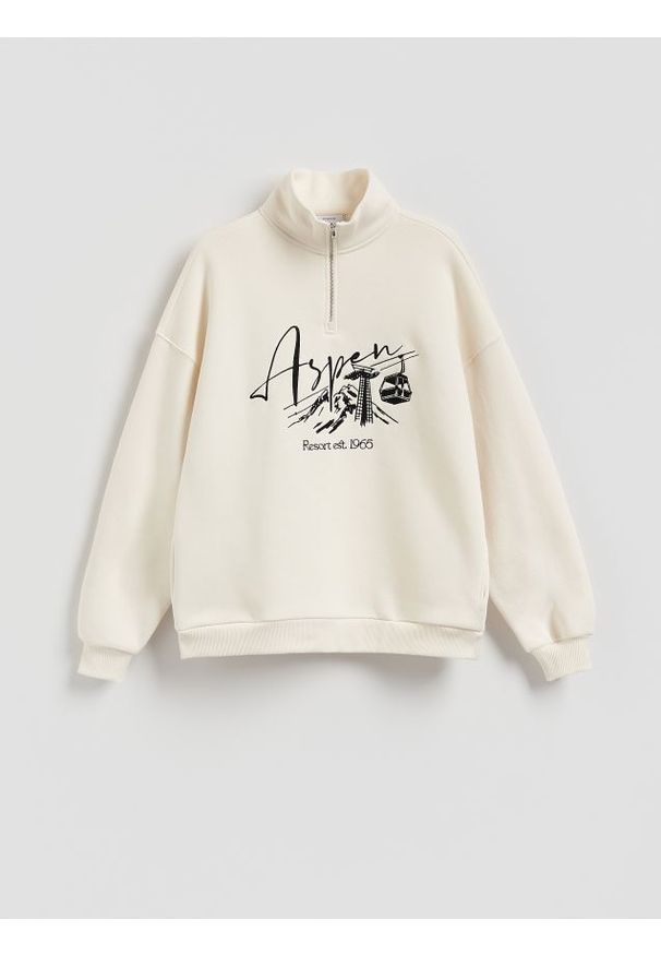 Reserved - Bluza z nadrukiem - kremowy. Kolor: kremowy. Materiał: dzianina, bawełna. Wzór: nadruk