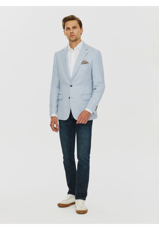 Pako Lorente - PAKO LORENTE – Niebieska marynarka męska. Okazja: na co dzień. Kolor: niebieski. Materiał: jeans. Wzór: gładki. Styl: sportowy, casual