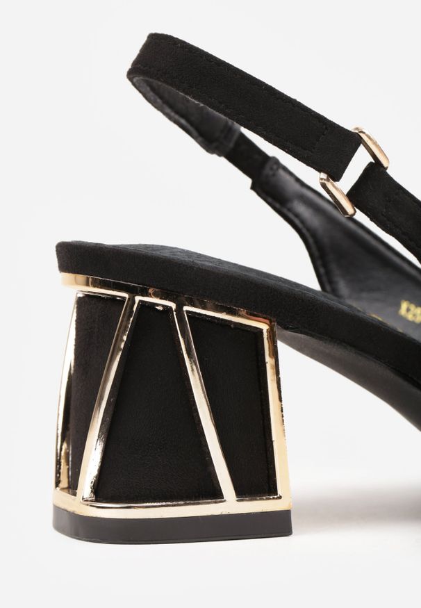 Born2be - Czarne Sandały Vices na Obcasie ze Skórzaną Wkładką i Metalicznym Wzorem Sesenora. Okazja: na co dzień. Zapięcie: sprzączka. Kolor: czarny. Materiał: skóra. Obcas: na obcasie. Styl: casual. Wysokość obcasa: średni