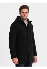 Ombre Clothing - Męski ocieplany płaszcz z kapturem i krytym zamkiem - czarny V1. Typ kołnierza: kaptur. Kolor: czarny. Materiał: tkanina, poliester #3