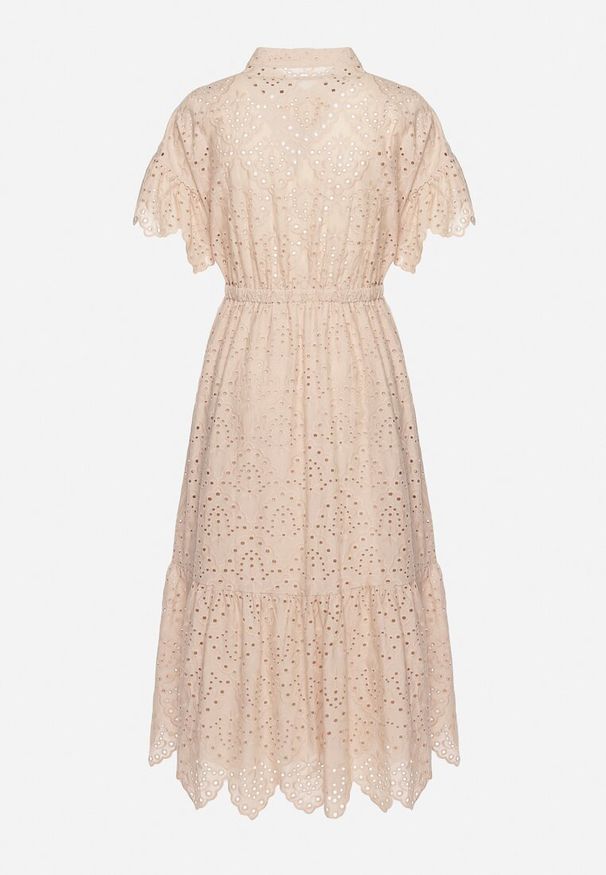 Born2be - Beżowa Haftowana Sukienka z Bawełny z Guzikami i Gumką w Talii Melliara. Okazja: na spacer, na imprezę. Typ kołnierza: dekolt w kształcie V. Kolor: beżowy. Materiał: bawełna. Długość rękawa: krótki rękaw. Wzór: haft. Sezon: lato. Styl: boho, klasyczny