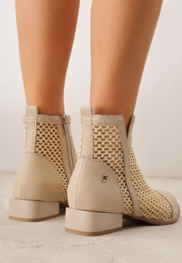 Born2be - Beżowe Przejściowe Botki z Plecioną Cholewką i Skórzaną Wkładką Marisca. Okazja: na spacer. Kolor: beżowy. Materiał: skóra. Szerokość cholewki: normalna. Wzór: haft. Styl: boho