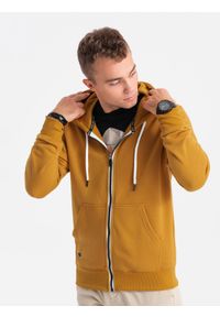 Ombre Clothing - Bluza męska rozpinana z kapturem BASIC - musztardowa V4 OM-SSBZ-0118 - XXL. Typ kołnierza: kaptur. Kolor: żółty. Materiał: bawełna, poliester #1