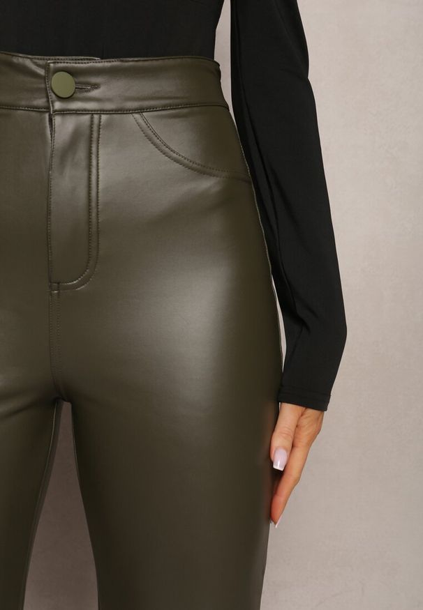 Renee - Zielone Szerokie Spodnie z Ekoskóry High Waist Dodamani. Stan: podwyższony. Kolor: zielony. Materiał: skóra