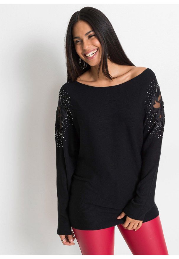 bonprix - Cienki sweter z mieszanki wiskozy. Kolor: czarny. Materiał: wiskoza, koronka. Wzór: prążki, koronka