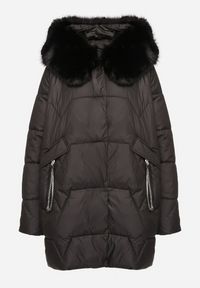 Born2be - Czarna Pikowana Kurtka o Pudełkowym Kroju z Odpinanym Futerkiem i Ozdobnym Suwakiem Hedilina. Okazja: na co dzień, na spacer. Kolor: czarny. Materiał: futro. Styl: casual, elegancki #7