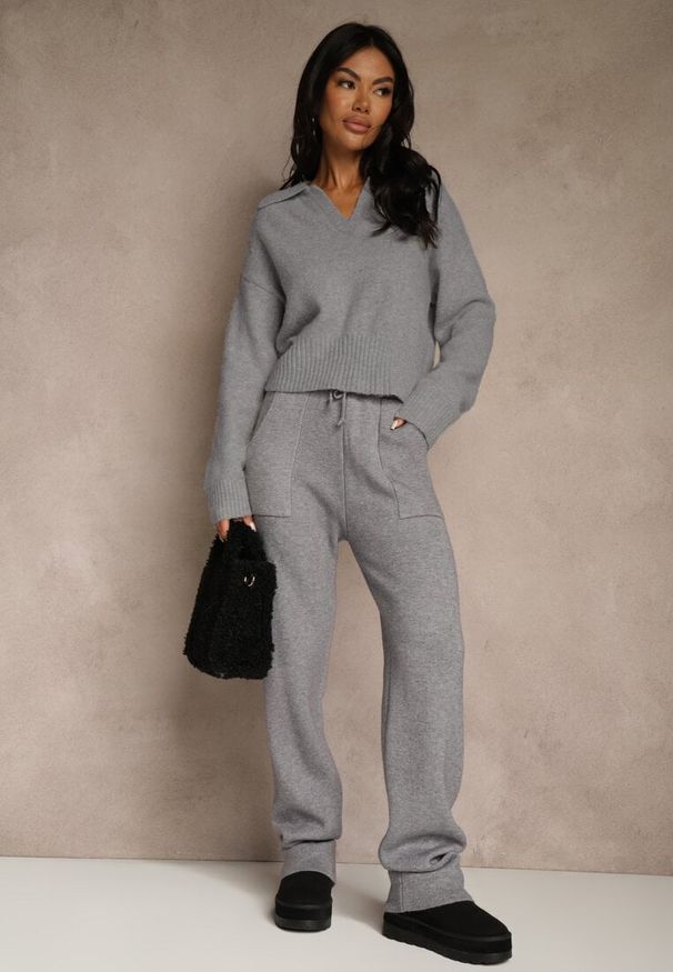 Renee - Szare Spodnie z Wełną ze Sznurkiem i Ozdobnymi Kieszeniami Moneressa. Okazja: na co dzień. Kolor: szary. Materiał: wełna. Styl: casual