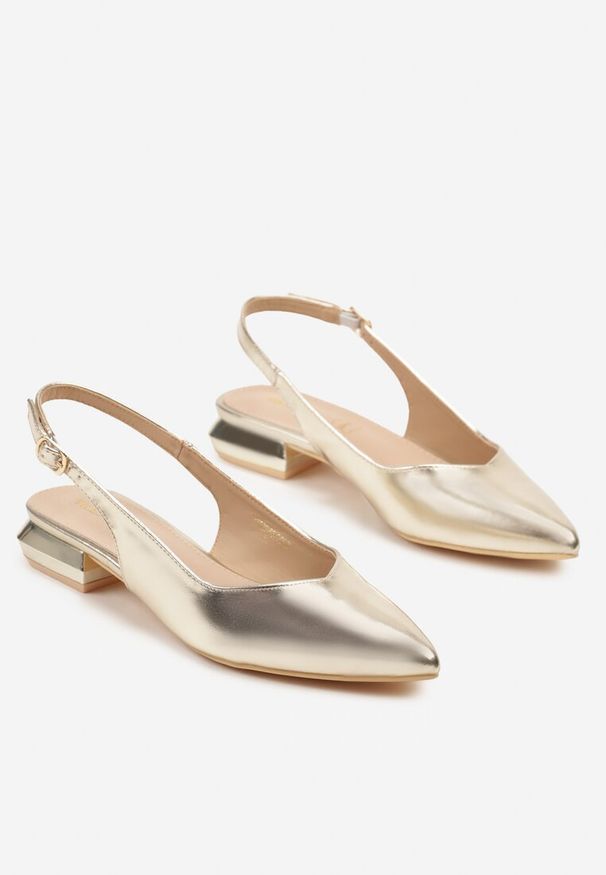 Renee - Złote Sandały Slingback Vices z Wkładką ze Skóry Naturalnej Galeresa. Okazja: na spotkanie biznesowe, do pracy, na co dzień. Zapięcie: pasek. Kolor: złoty. Materiał: skóra. Obcas: na obcasie. Styl: biznesowy, elegancki, casual. Wysokość obcasa: niski
