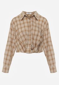 Born2be - Beżowa Krótka Bawełniana Koszula w Kratę z Marszczeniem Wenatia. Okazja: na co dzień. Kolor: beżowy. Materiał: bawełna. Długość: krótkie. Styl: casual #6
