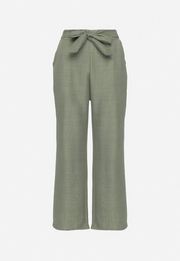 Born2be - Ciemnozielone Spodnie o Szerokim Kroju z Wiązaniem i Gumką w Pasie Miravenia. Okazja: na co dzień. Kolor: zielony. Styl: casual, elegancki