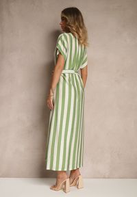 Renee - Zielona Pudełkowa Sukienka z Wiskozą z Motywem Pasków i Wiązaniem Lumierae. Okazja: na co dzień. Kolor: zielony. Materiał: wiskoza. Styl: elegancki, casual #5