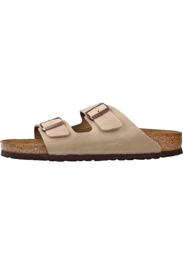 Klapki damskie Birkenstock Arizona. Zapięcie: klamry. Kolor: brązowy. Materiał: materiał. Szerokość cholewki: normalna. Sport: turystyka piesza