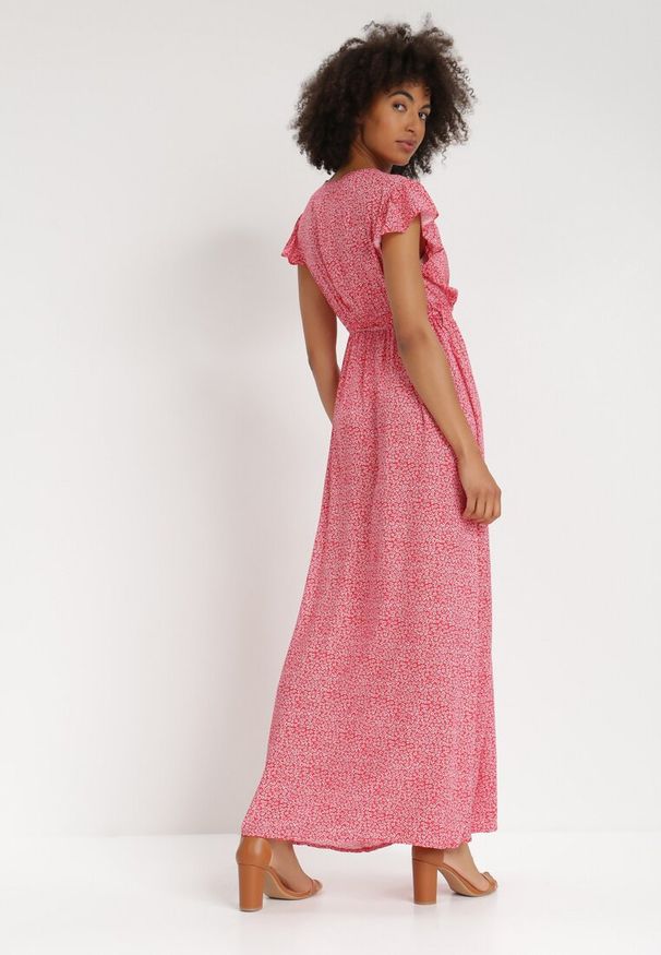 Born2be - Czerwona Sukienka Jophiel. Kolor: czerwony. Materiał: materiał. Wzór: nadruk, kwiaty. Typ sukienki: kopertowe. Długość: maxi