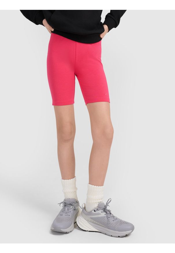 4f - 4F Legginsy kolarki dzianinowe dziewczęce - różowe 146 (10-11 lat). Okazja: na co dzień. Stan: podwyższony. Kolor: różowy. Materiał: dzianina. Długość: krótkie. Wzór: gładki, jednolity, ze splotem. Sezon: lato. Styl: casual, sportowy