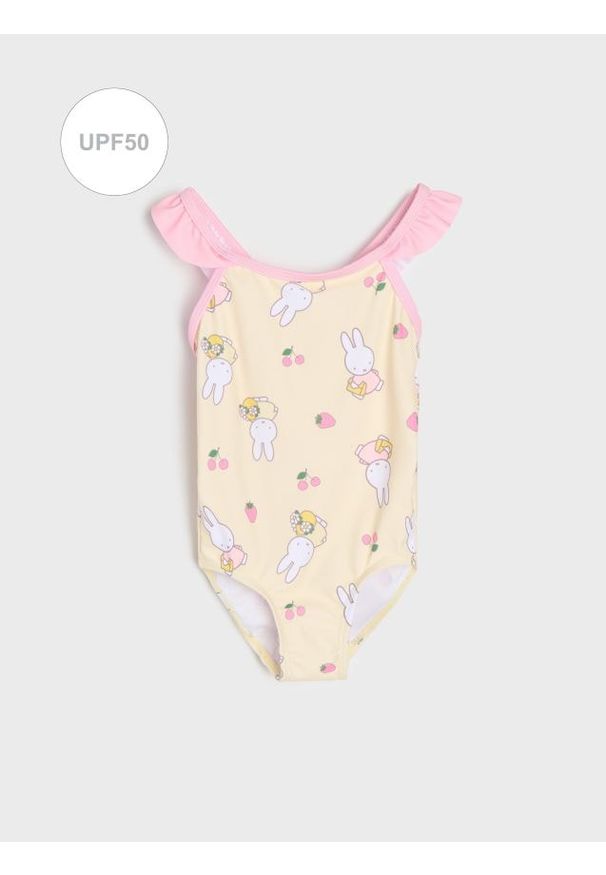 Sinsay - Jednoczęściowy strój kąpielowy UPF 50 z falbankami i motywem królików - żółty. Kolor: żółty