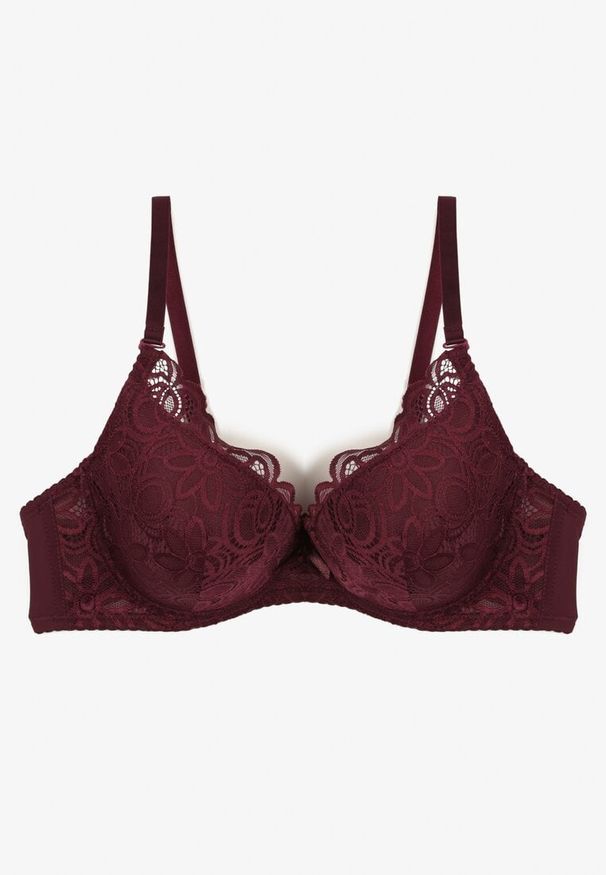 Renee - Ciemnofioletowy Koronkowy Biustonosz Push Up Nelior. Kolor: fioletowy. Materiał: koronka. Rodzaj stanika: push-up. Wzór: koronka