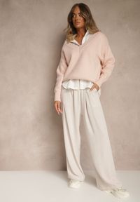Renee - Jasnobeżowe Szerokie Spodnie z Wiskozą z Gumką w Pasie Lealirre. Okazja: na co dzień. Kolor: beżowy. Materiał: wiskoza. Wzór: gładki. Styl: casual