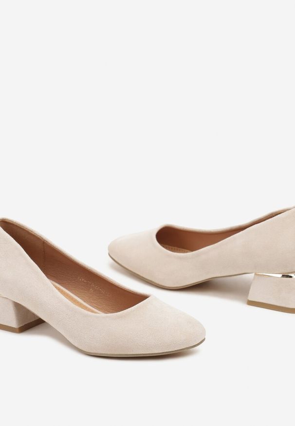Renee - Beżowe Czółenka z Wkładką z Naturalnej Skóry i Metaliczną Wstawką Sariann. Kolor: beżowy. Materiał: skóra. Obcas: na obcasie. Styl: elegancki. Wysokość obcasa: średni